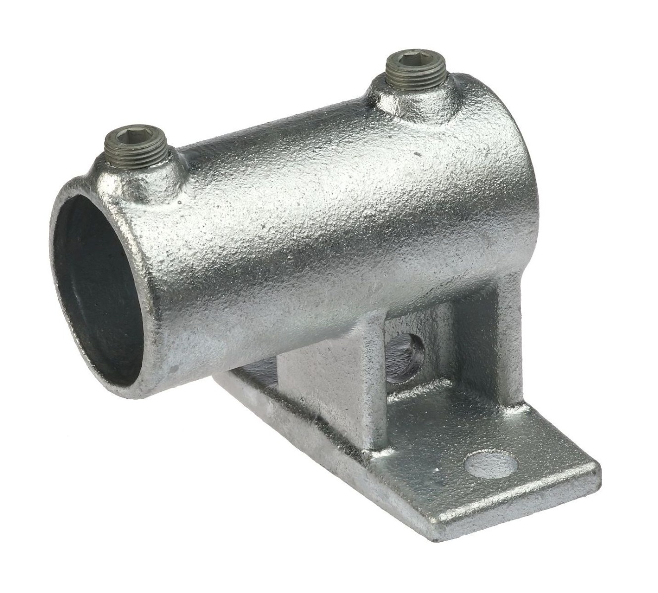 A hot-dip galvanized cast iron offset railing side support with a horizontal pipe opening and two adjustable hex set screws.
