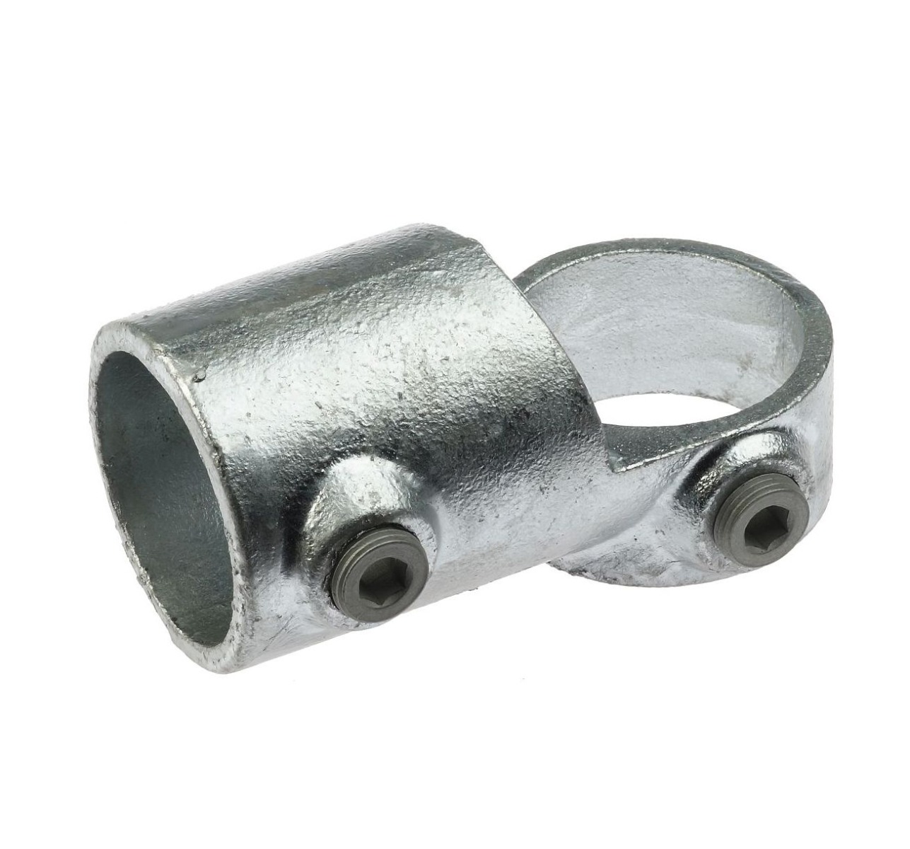 A silver hot-dip galvanised cast iron short swivel tee pipe fitting with two hexagonal set screws against a white background.