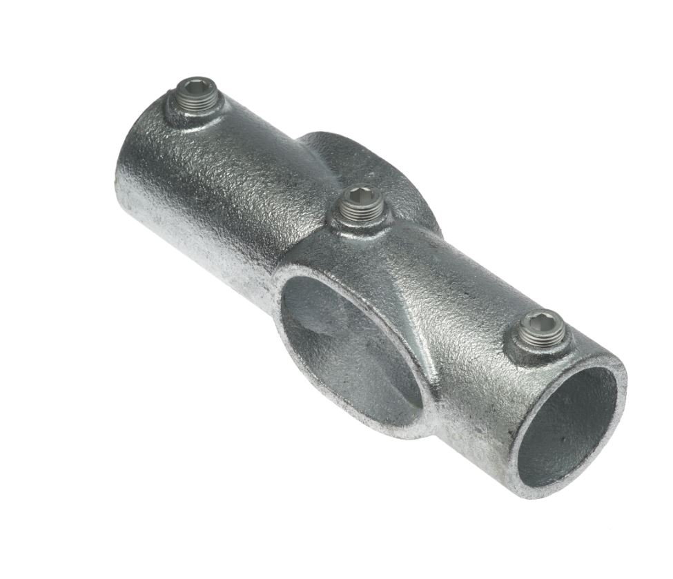 A galvanized steel variable cross connector fitting with set screws for securing pipes at specific angles on white background.