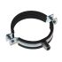 Zinc plated steel pipe hanger clamp with M8 M10 thread and integrated rubber lining for vibration dampening wall or ceiling mounted pipe installations

