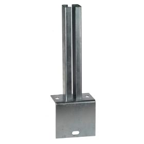 Hot-dip galvanised base plate in L-shape for 60 × 60 mm box section with welded 2 mm insert and four corner mounting holes. Suitable for concrete or wall-mounted installations.