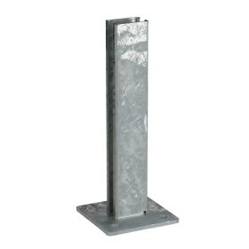 Hot-dip galvanised steel base plate for 60 × 40 mm box section with four mounting holes in the corners. Designed for concrete, stone or steel surfaces. Commonly used in fencing, gate systems, outdoor constructions and technical installations.