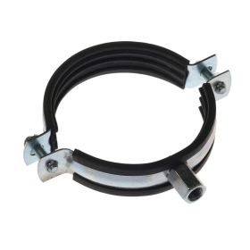 Zinc plated steel pipe hanger clamp with M8 M10 thread and integrated rubber lining for vibration dampening wall or ceiling mounted pipe installations
