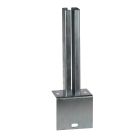 Hot-dip galvanised L-shaped steel base plate for 60 × 40 mm box section, with upright guide and two mounting holes. Designed for installation against walls or concrete edges in fencing, gate assemblies or industrial constructions.