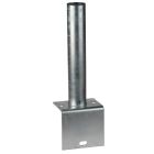 Steel L-shape base plate for Ø 60 mm tube with welded 3 mm upright and mounting surface with two pre-drilled holes. Hot-dip galvanised for fixing against concrete edges or wall surfaces.