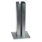 Hot-dip galvanised base plate for 80 × 80 mm box section, 150 × 150 mm mounting plate, 8 mm thick, welded guide with 2 mm wall thickness. Suitable for fixed mounting on concrete in outdoor environments.