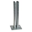 Hot-dip galvanised base plate for 60 × 60 mm box section, 120 × 120 mm steel plate, 6 mm thick, upright adapter with 2 mm wall thickness. Suitable for concrete mounting in fencing or steel structures.