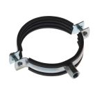 Zinc plated steel pipe hanger clamp with M8 M10 thread and integrated rubber lining for vibration dampening wall or ceiling mounted pipe installations
