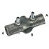 A hot-dip galvanised 2-bolt cross joint clamp for connecting perpendicular pipes, featuring instructional labels A and B.