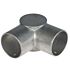 A silver metal 3-way external corner piece used for joining 60mm diameter tubes at ninety-degree angles.