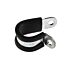 Single-point quick pipe clamp, electrolytically zinc-plated, securing an irrigation line to a greenhouse purlin with cushioned support.