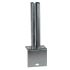 Hot-dip galvanised base plate in L-shape for 60 × 60 mm box section with welded 2 mm insert and four corner mounting holes. Suitable for concrete or wall-mounted installations.