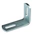 L-shaped 90-degree metal rail connector made of pre-galvanized steel with elongated slotted holes on both arms for versatile mounting.