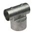 A silver aluminium T-clamp connector for joining pipes, featuring a durable metallic finish and two pre-drilled screw holes.