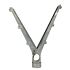 A silver V-shaped aluminum extension arm for holding three strands of barbed wire on each side of a fence.