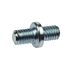Close-up of a silver zinc-plated BIS threaded nipple with dual threaded ends and a central collar on white background.