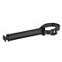 A black plastic clamping strip clip featuring a circular loop and a long rectangular body for industrial fastening applications.