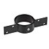 A black powder-coated aluminum intermediate bracket for mounting wooden fence panels to round poles with pre-drilled holes.