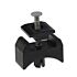 Close-up of a black mesh panel clamp with a central aluminium pin, specifically designed for 60mm round fence posts.