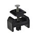 A black plastic mesh panel clamp designed for box sections featuring a central aluminum pin for secure and durable fastening.