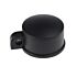 Durable black plastic round post cap with a built-in eyelet for attaching tension wires on external fence posts.