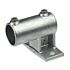A hot-dip galvanized cast iron offset railing side support with a horizontal pipe opening and two adjustable hex set screws.