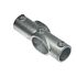 A galvanized steel variable cross connector fitting with set screws for securing pipes at specific angles on white background.