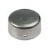 A close-up view of a plain silver round aluminum post cap with a small hole on the side.