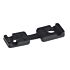A black plastic clamping pin with two rectangular sections and central holes, designed for industrial mounting on a white background.