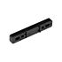 An elongated black plastic shim featuring several mounting holes and small alignment pins, used as a spacer for industrial equipment.