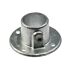 Silver hot-dip galvanised cast iron wall flange with a circular base, mounting holes, and a pipe socket set screw.
