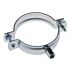 A shiny metal two-piece pipe clamp with electro-galvanized finish, featuring two side screws and a threaded mounting nut.
