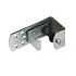 An electrolytically zinc plated metal bracket with a black plastic diabolo roller and multiple mounting holes on a white background.