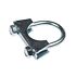 A silver, zinc-plated M8 exhaust U-bolt clamp featuring a saddle and two nuts on a white background.