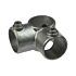 A hot-dip galvanized three-way cast iron tube connection fitting with set screws for secure pipe assembly and corner joining.
