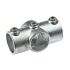 A silver hot-dip galvanized cast iron cross connection fitting with three grub screws for securing pipes in structural rail projects.