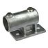 Heavy-duty galvanised cast iron vertical railing side support with two set screws and a rectangular mounting base for pipe attachment.