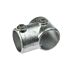 A galvanized silver cast T-clamp pipe fitting featuring two grub screws for securing industrial pipes at an angled joint.