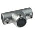 A durable galvanized iron cast T-clamp with three hexagonal set screws designed for securing metal pipe rail structures.