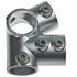 Galvanized cast iron angle pipe fitting with set screws for joining structural tubes at specific angles for industrial use.