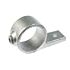 Hot-dip galvanised cast iron fixing bracket with a circular pipe clamp, securing screw, and a flat tab for surface mounting.