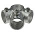 A galvanized cast iron T-clamp pipe fitting with multiple socket openings and hex-head set screws for securing metal tubes.