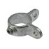 A galvanized metal molded hinge portion featuring a circular pipe clamp with a set screw and two mounting tabs.