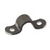 A sturdy black metal saddle bracket strip featuring two mounting holes, designed for securely fastening pipes to flat surfaces.