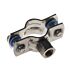 A stainless steel 316 pipe clamp with an M8 threaded nut, dual fastening screws, and protective blue washers.