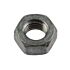A top-down view of a single zinc-plated steel hexagonal nut with internal threads, meeting DIN 934 standards.