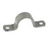 A durable galvanised steel saddle pipe clip with two holes for securing pipes to walls or other flat surfaces.