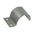 Silver galvanised metal pipe clamp with a curved middle section and a flat base containing two circular mounting holes.