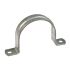 A U-shaped hot-dip galvanised metal saddle pipe clip with two mounting holes, designed for securing pipes to flat surfaces.