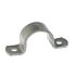 A hot-dip galvanized metal saddle bracket strip with a curved center and two pre-drilled holes for secure pipe mounting.